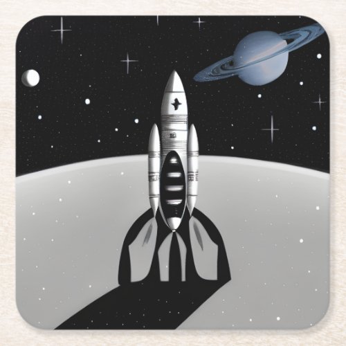 Retro Space Rocket  Saturn Square Paper Coaster