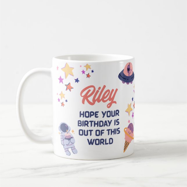Retro Space Themed Customizable Birthday Coffee Mug (Left)