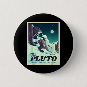 Retro Space Tourism Ski Pluto Skiing Skier  Button