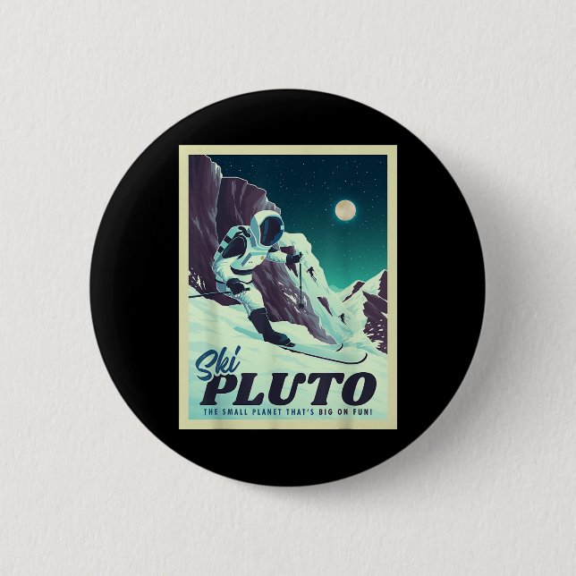 Retro Space Tourism Ski Pluto Skiing Skier  Button (Front)