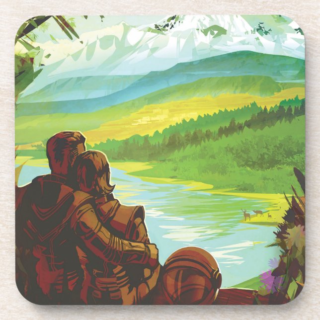 Retro Space Travel Poster-An Earth Science Mission Beverage Coaster (Front)