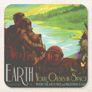 Retro Space Travel Poster-An Earth Science Mission Square Paper Coaster