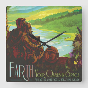 Retro Space Travel Poster-An Earth Science Mission Square Wall Clock