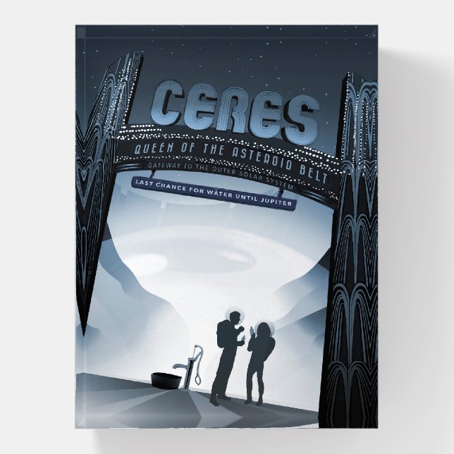 Retro Space Travel Poster-Dwarf Planet Ceres. Paperweight (Vertical)