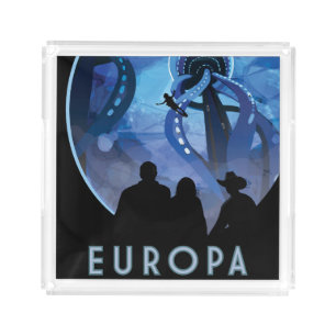 Retro Space Travel Poster- Jupiter's Moon Europa. Acrylic Tray