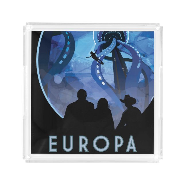 Retro Space Travel Poster- Jupiter's Moon Europa. Acrylic Tray (Front)