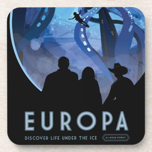 Retro Space Travel Poster_ Jupiters Moon Europa Beverage Coaster