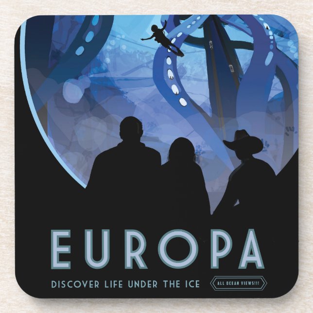 Retro Space Travel Poster- Jupiter's Moon Europa. Beverage Coaster (Front)