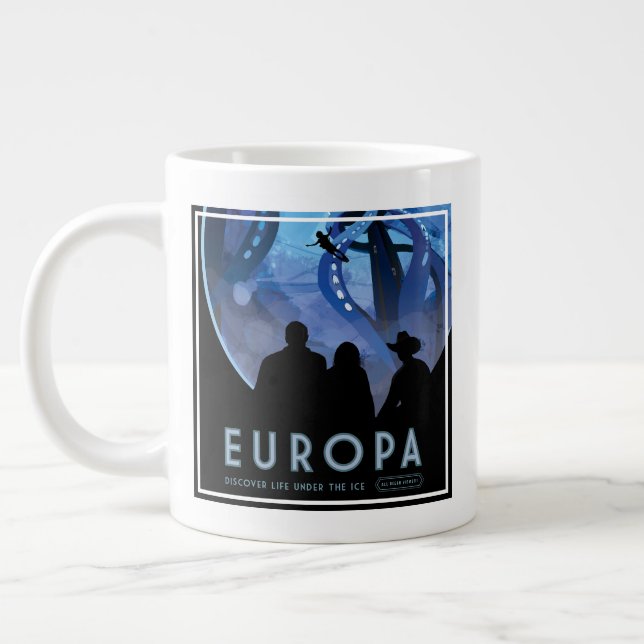Retro Space Travel Poster- Jupiter's Moon Europa. Giant Coffee Mug (Left)