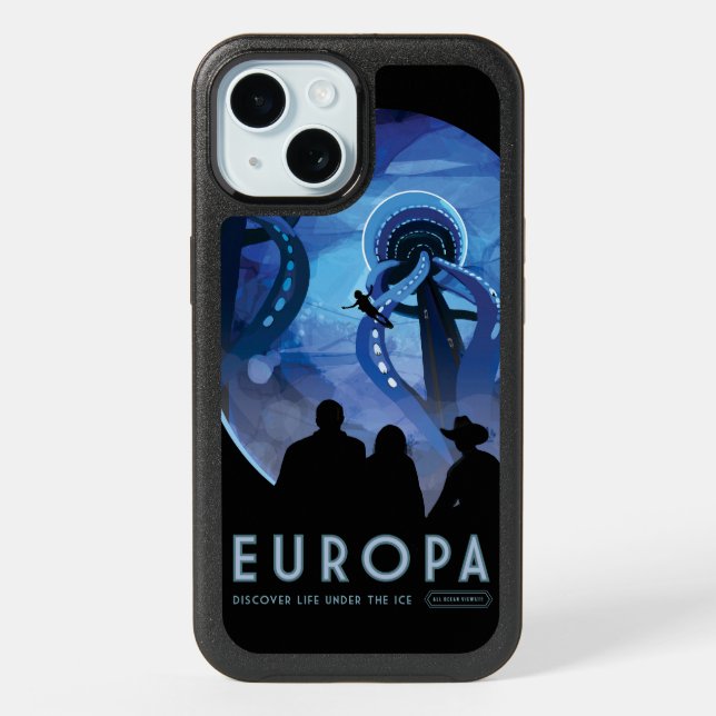 Retro Space Travel Poster- Jupiter's Moon Europa. iPhone 15 Case (Back)