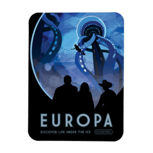 Retro Space Travel Poster- Jupiter's Moon Europa. Magnet