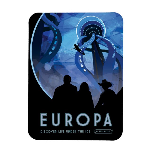 Retro Space Travel Poster- Jupiter's Moon Europa. Magnet (Vertical)