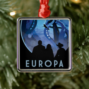 Retro Space Travel Poster- Jupiter's Moon Europa. Metal Ornament