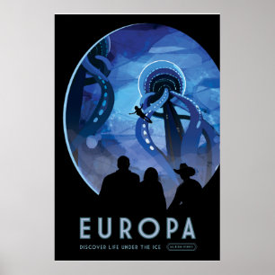 Retro Space Travel Poster- Jupiter's Moon Europa. Poster