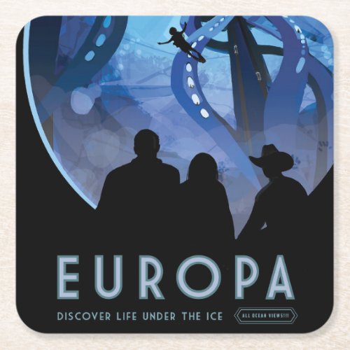 Retro Space Travel Poster_ Jupiters Moon Europa Square Paper Coaster