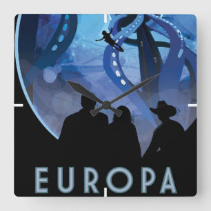 Retro Space Travel Poster- Jupiter's Moon Europa. Square Wall Clock