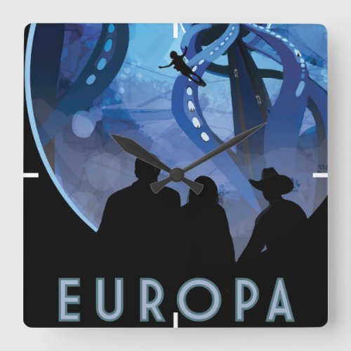 Retro Space Travel Poster_ Jupiters Moon Europa Square Wall Clock