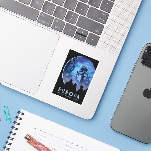 Retro Space Travel Poster- Jupiter's Moon Europa. Sticker (Laptop w/ iPhone)