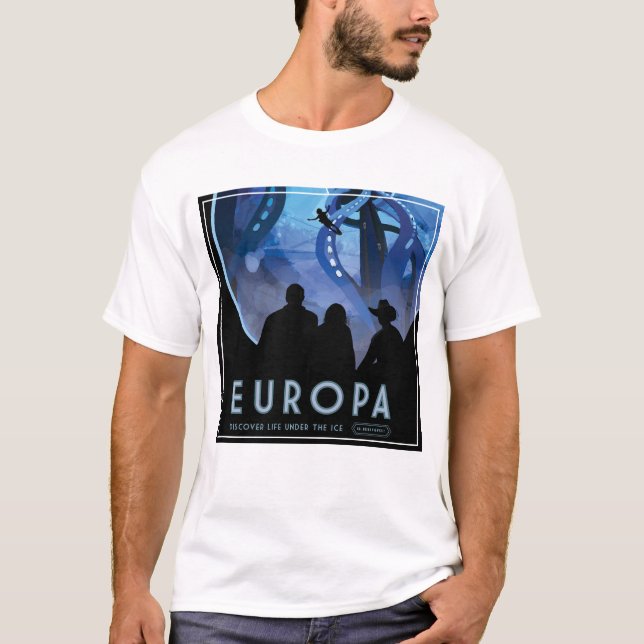 Retro Space Travel Poster- Jupiter's Moon Europa. T-Shirt (Front)
