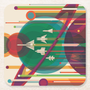 Retro Space Travel Poster- Solar System Grand Tour Square Paper Coaster