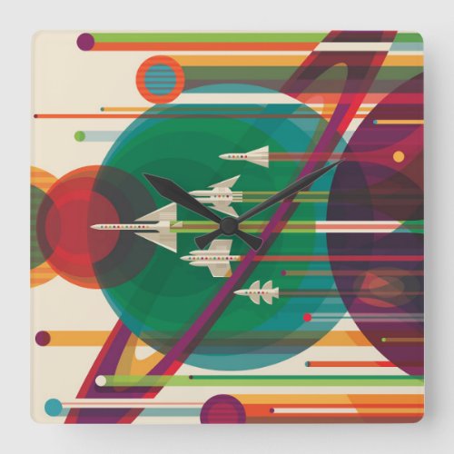 Retro Space Travel Poster_ Solar System Grand Tour Square Wall Clock