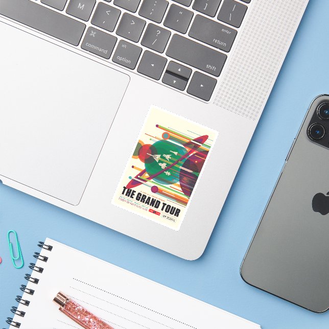 Retro Space Travel Poster- Solar System Grand Tour Sticker (Laptop w/ iPhone)