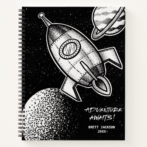 Retro Space Travel Rocket Planets Adventure Awaits Notebook