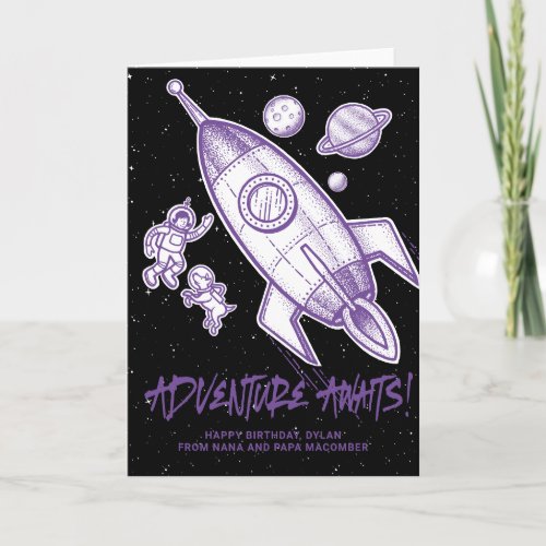 Retro Spaceship Adventure Awaits Custom Birthday Card