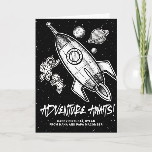 Retro Spaceship Adventure Awaits Custom Birthday Card