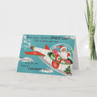 Retro Spaceship Santa Christmas Card
