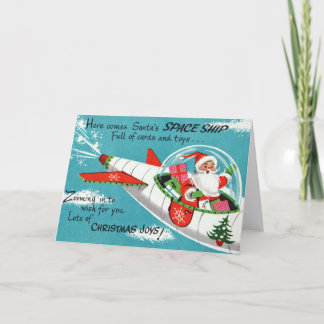 Retro Spaceship Santa Christmas Greeting Card