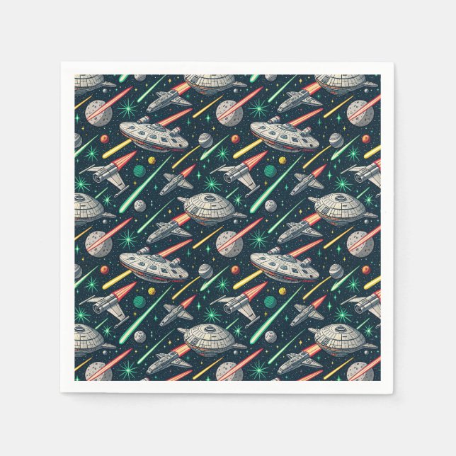 Retro Spaceship Sci-Fi Space Battle Comic Pattern Napkins (Front)