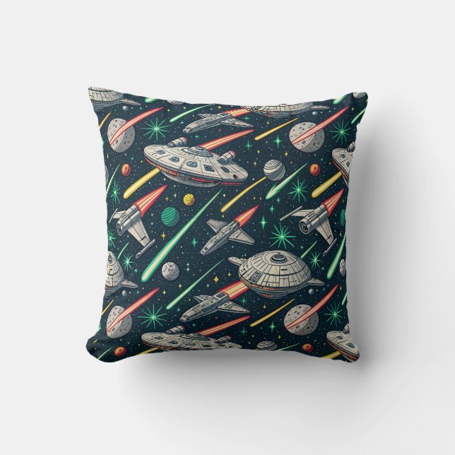 Retro Spaceship Sci-Fi Space Battle Comic Pattern Throw Pillow (Front)