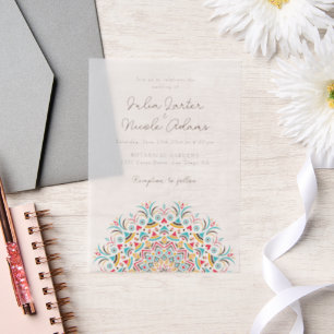 Retro Spanish Abstract Floral Mandala Wedding Vellum Invitations