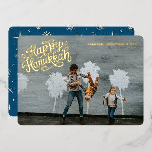 Retro Sparkle Happy Hanukkah Blue One Photo Gold Foil Holiday Card