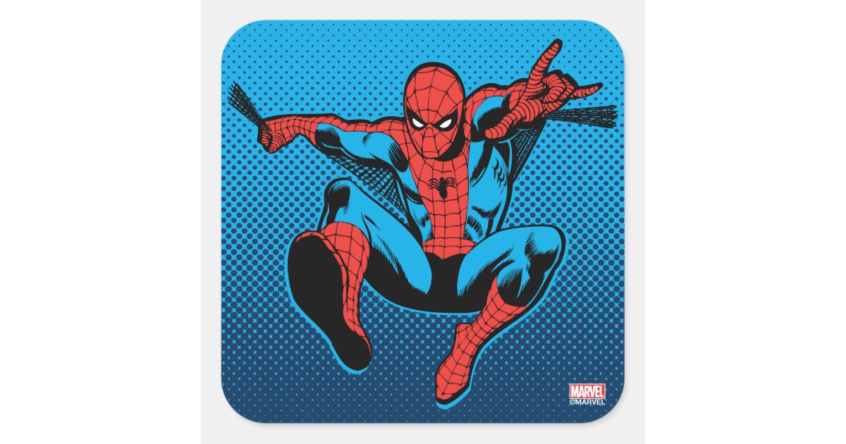 Retro Spider-Man Web Shooting Square Sticker | Zazzle