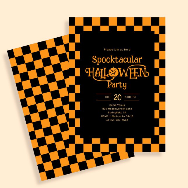 Retro Spooktacular Halloween Checkered Orange Invitation (Creator Uploaded)