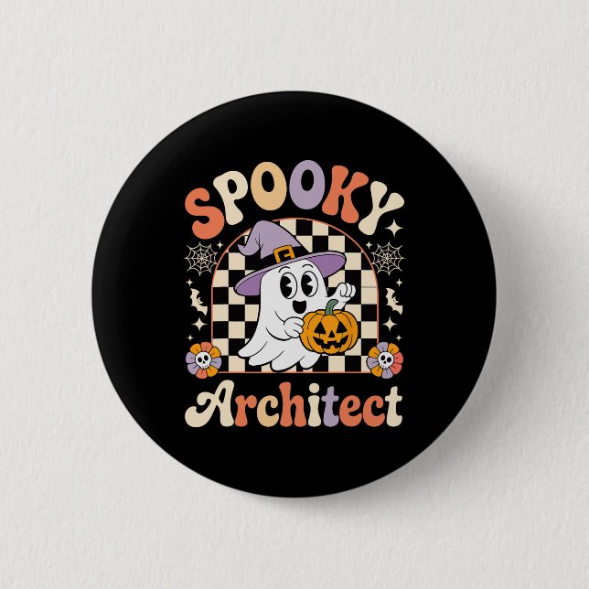 Retro Spooky Architect Halloween Architectural Pum Button (Front)