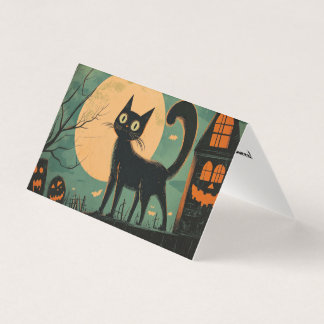 Retro Spooky Black Cat Halloween Graveyard Scene