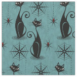 Retro Spooky Cats and Spiders on Distressed Blue Fabric
