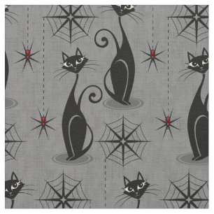 Retro Spooky Cats and Spiders on Distressed Gray Fabric