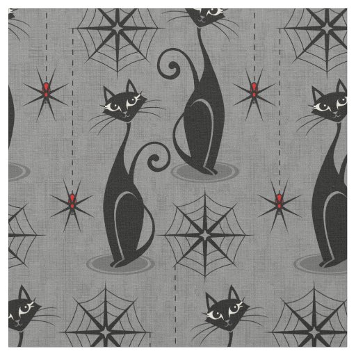 Retro Spooky Cats and Spiders on Distressed Gray Fabric