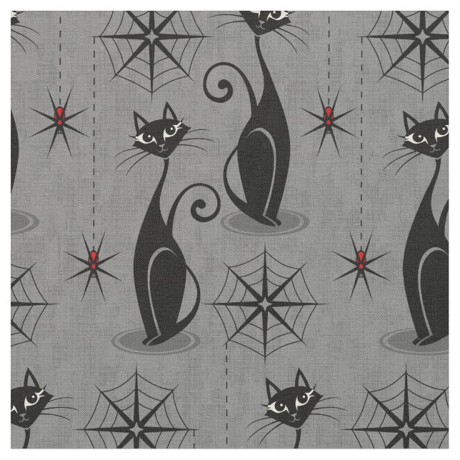Retro Spooky Cats and Spiders on Distressed Gray Fabric (Close Up)