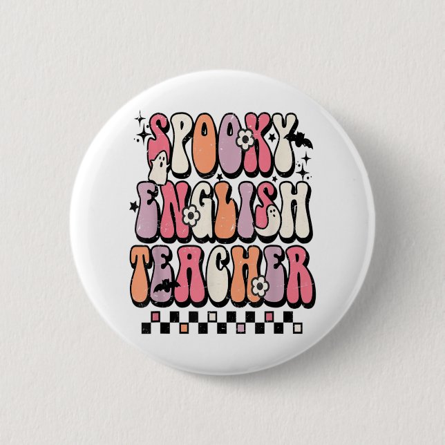 Retro Spooky English Teacher Funny Grammar Teacher Button (Front)