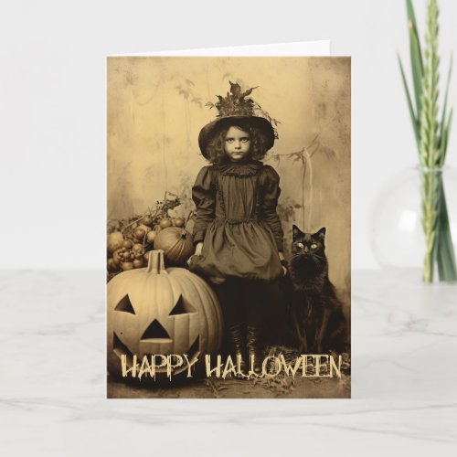 Retro spooky Halloween creepy girl with black cat Holiday Card