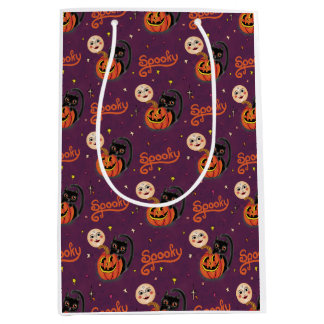 Retro Spooky Kitten Pumpkin Moons on Dark Purple Medium Gift Bag