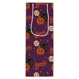 Retro Spooky Kitten Pumpkin Moons on Dark Purple Wine Gift Bag
