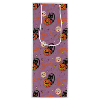Retro Spooky Kitten Pumpkin Moons on Purple Wine Gift Bag