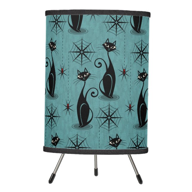 Retro Spooky Meow - Atomic Cats Distressed Blue Tripod Lamp (Front)