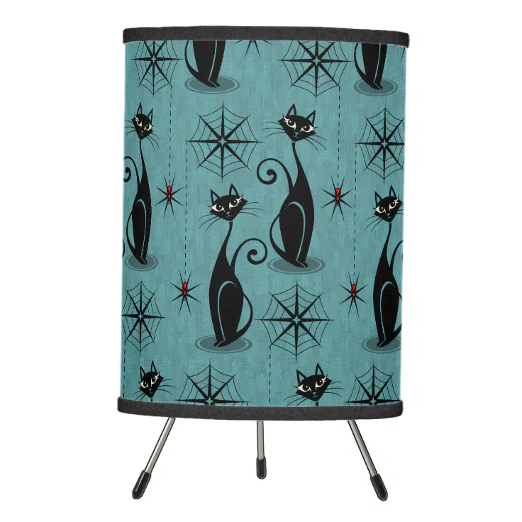 Retro Spooky Meow - Atomic Cats Distressed Blue Tripod Lamp